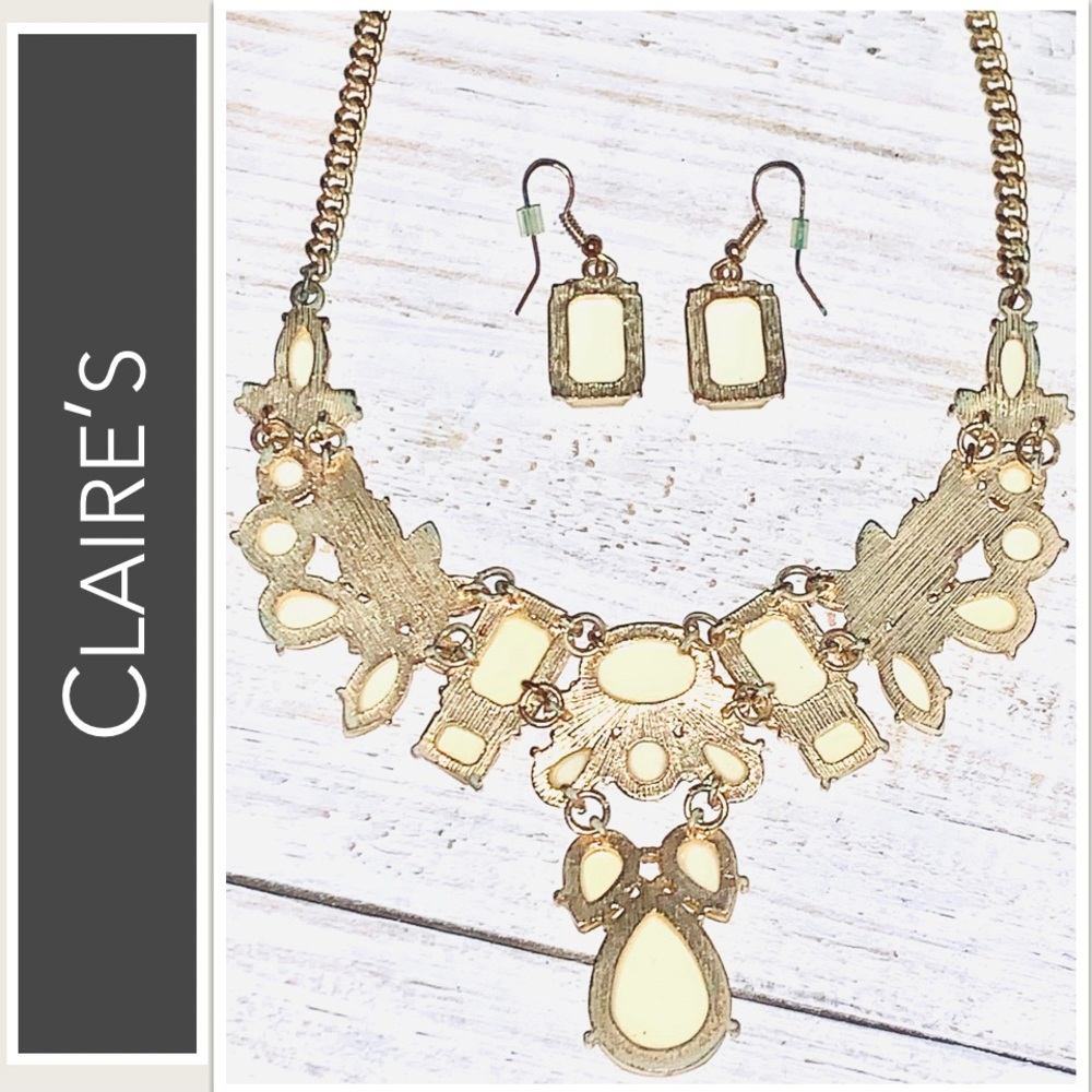Claire’s Jewelry Set Necklace & Earrings Ivory~Vanilla Stones - Picture 9 of 14